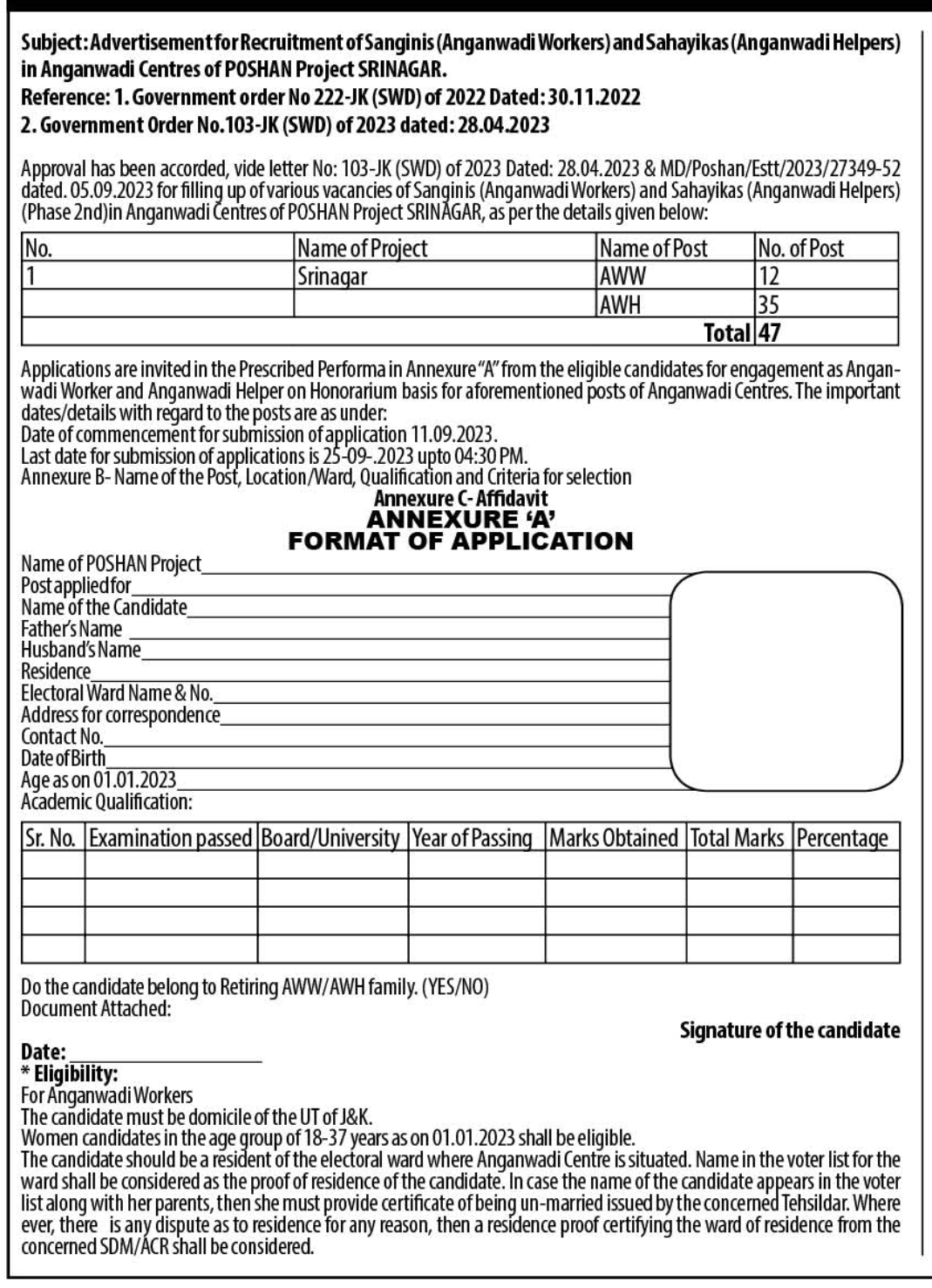 Anganwadi Centres of POSHAN Project Srinagar Jobs Notification 2023