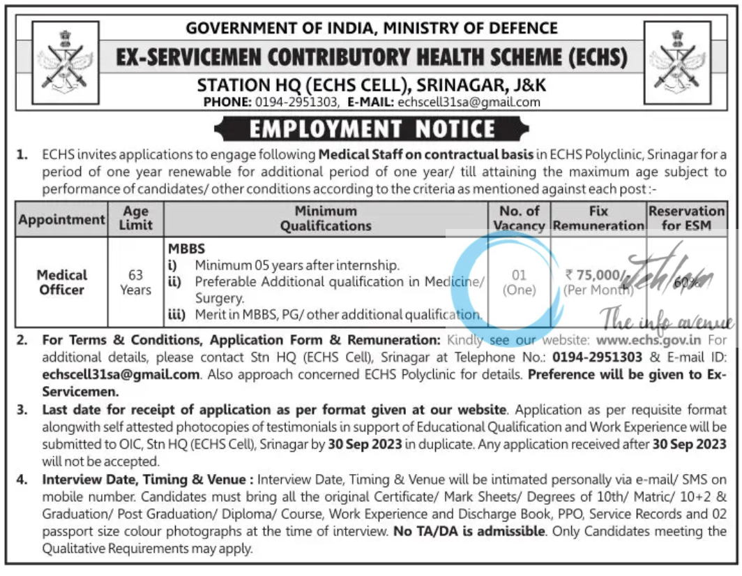 EX-SERVICEMEN CONTRIBUTORY HEALTH SCHEME ECHS SRINAGAR EMPLOYMENT NOTICE 2023