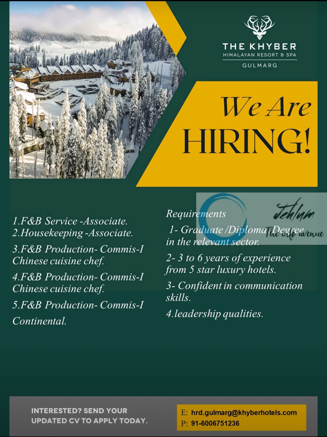 THE KHYBER HIMALAYAN RESORT & SPA GULMARG JOBS 2023