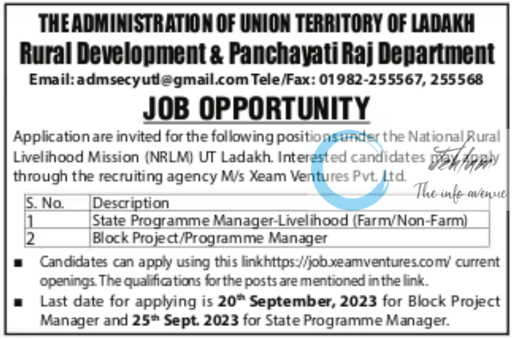 UNION TERRITORY OF LADAKH Rural Development & Panchayati Raj Department Jobs Notification 2023
