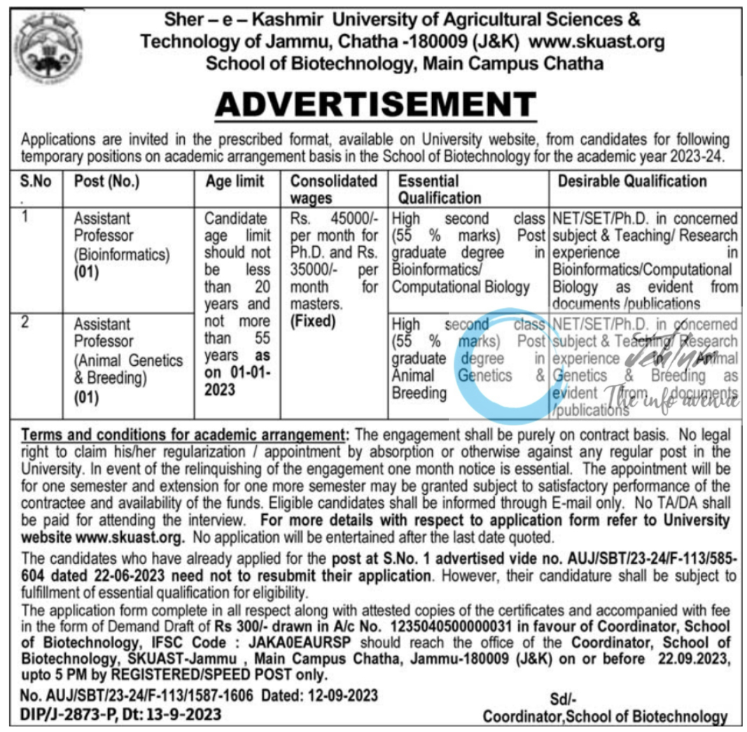 SKUAST Jammu School of Biotechnology Advertisement Notification 2023