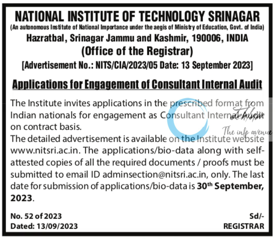 NIT SRINAGAR Internal Audit Jobs Notification 2023