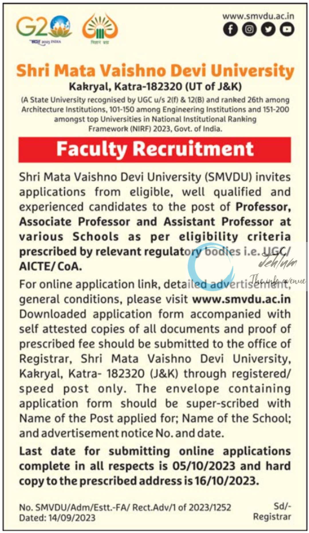 SMVDU Katra Jobs Notification No 01 of 2023