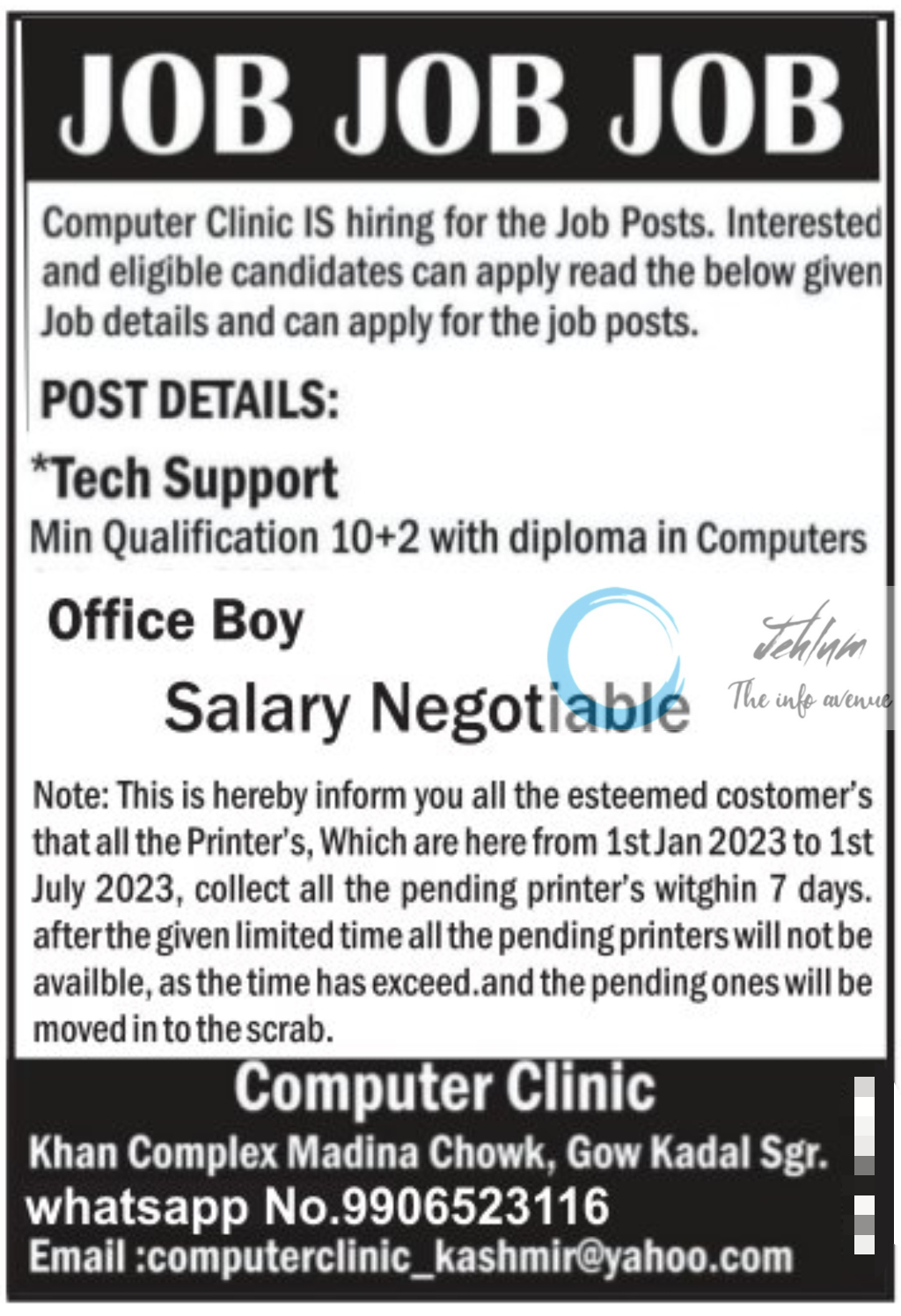 Computer Clinic Srinagar Jobs Advertisement 2023