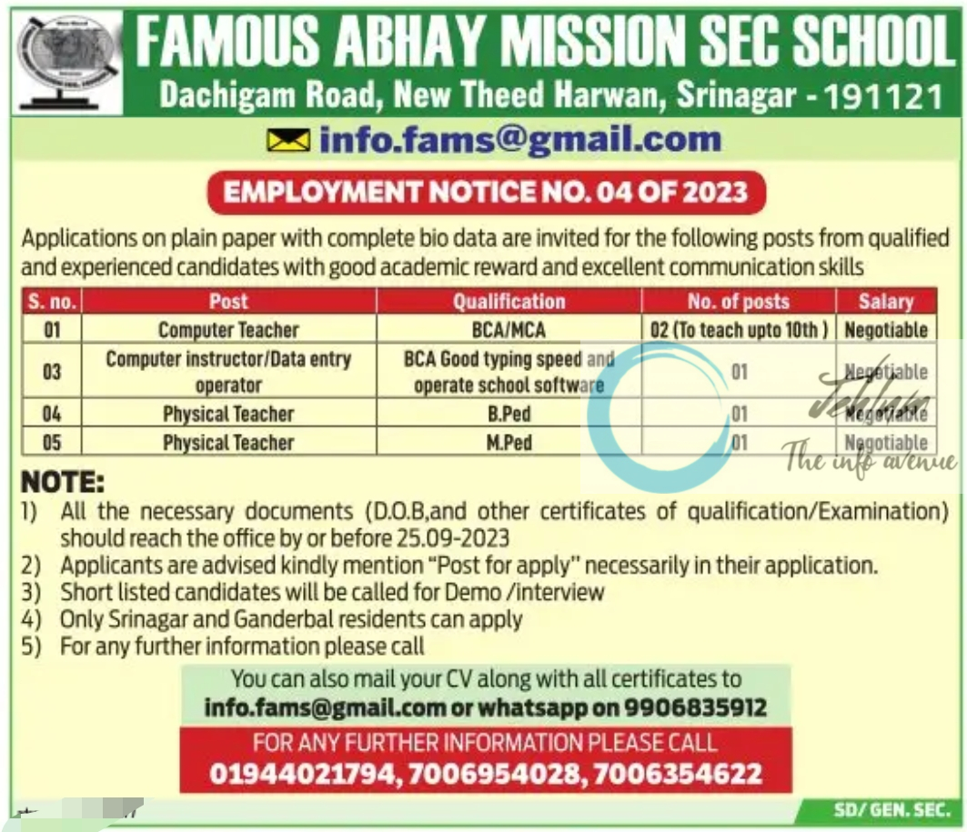 FAMOUS ABHAY MISSION SEC SCHOOL SRINAGAR JOBS 2023