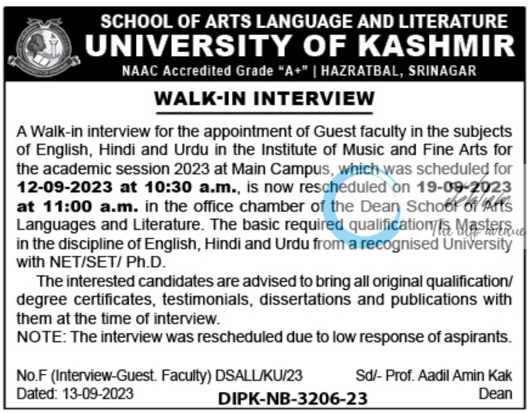 UNIVERSITY OF KASHMIR SCHOOL OF ARTS LANGUAGE AND LITERATURE WALK-IN INTERVIEW 2023