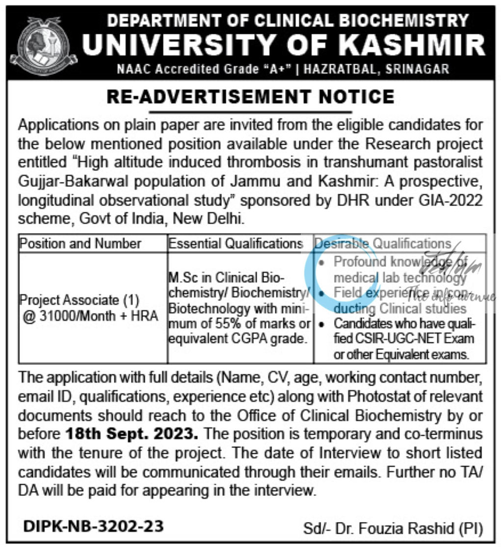 UNIVERSITY OF KASHMIR DEPTT OF CLINICAL BIOCHEMISTRY RE-ADVERTISEMENT NOTICE 2023