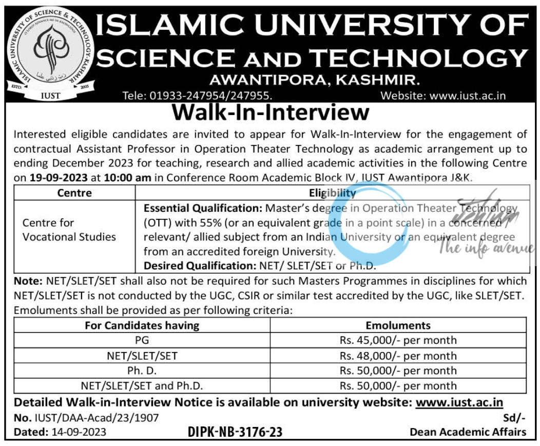 ISLAMIC UNIVERSITY OF SCIENCE AND TECHNOLOGY IUST AWANTIPORA WALK-IN-INTERVIEW 2023