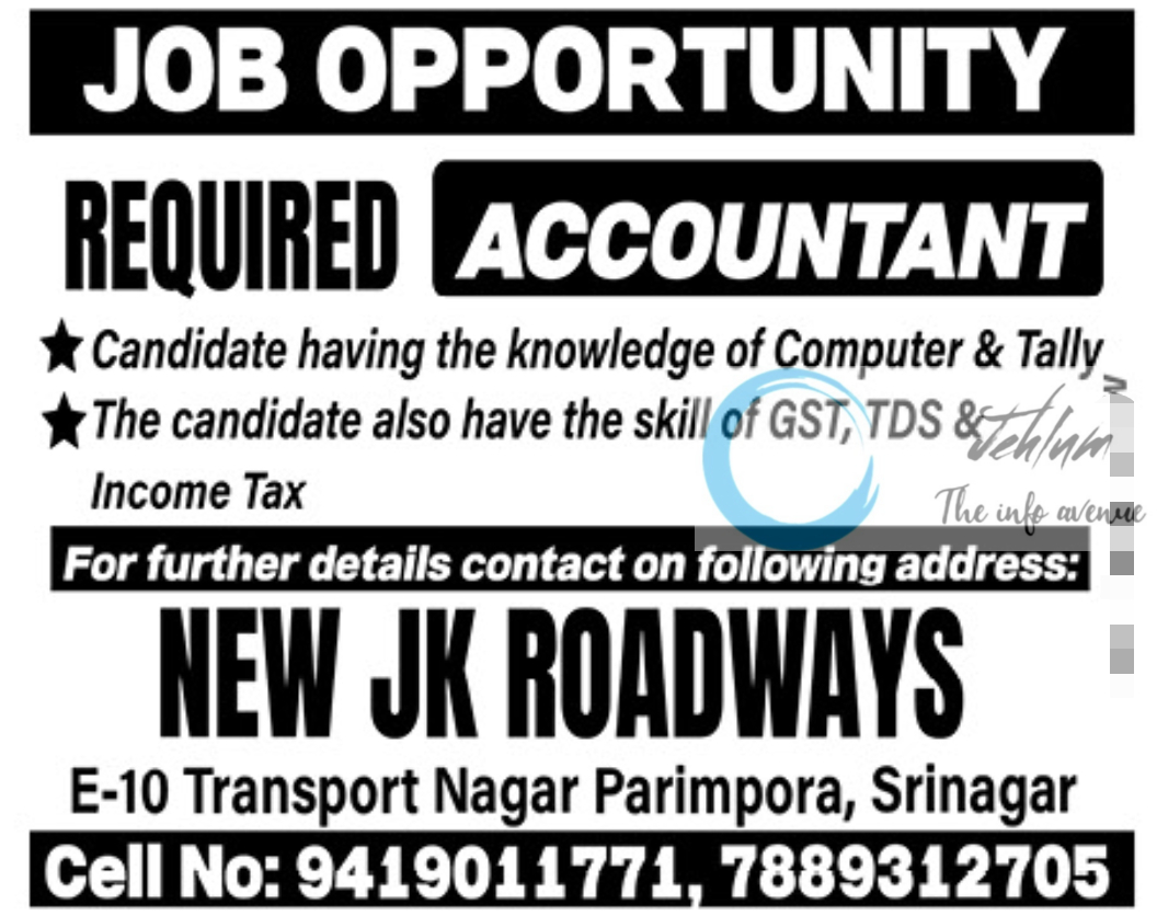 NEW JK ROADWAYS SRINAGAR ACCOUNTANCY JOBS 2023