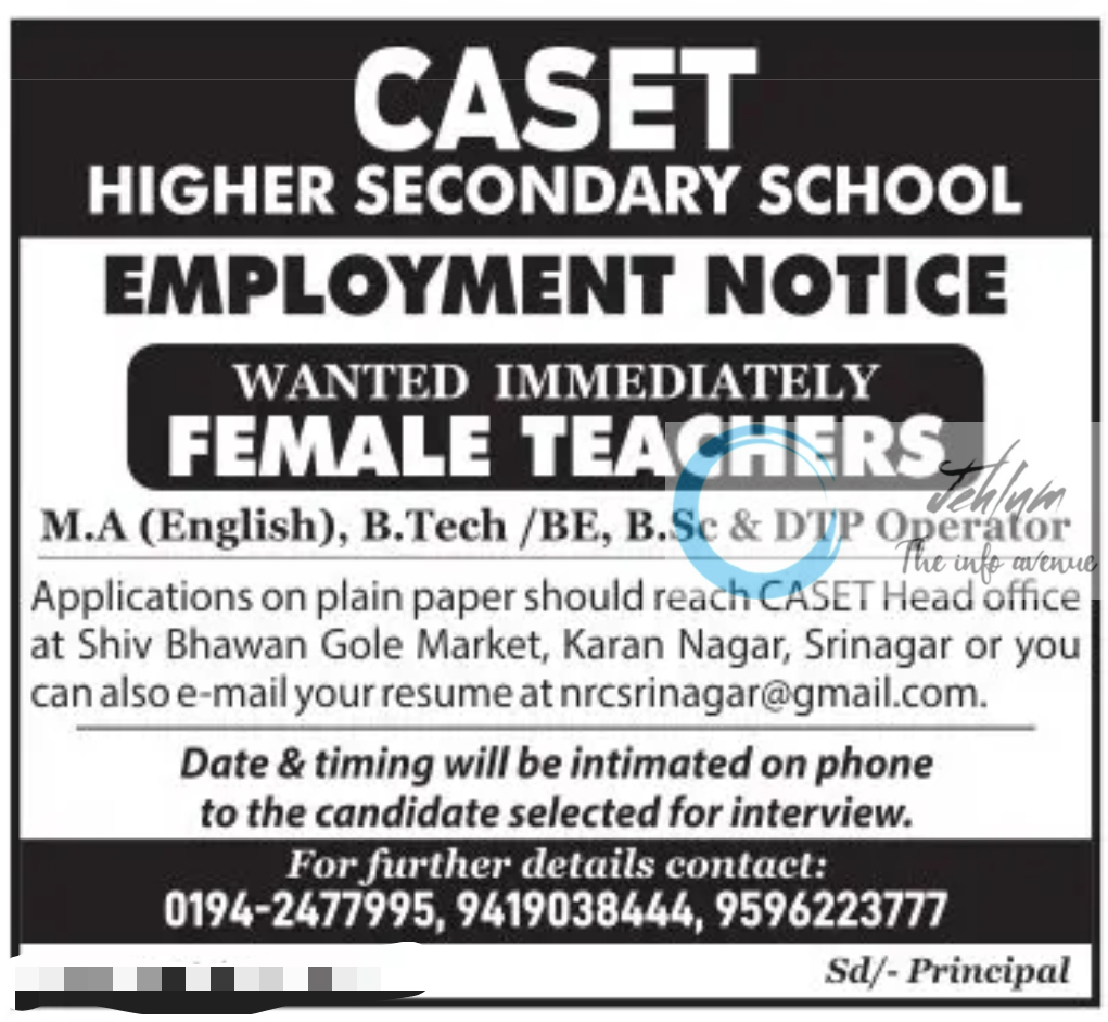 CASET HR SEC SCHOOL SRINAGAR EMPLOYMENT NOTICE 2023