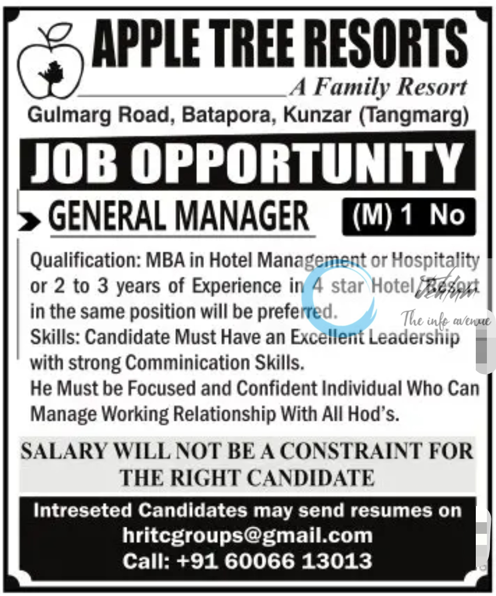 APPLE TREE RESORTS TANGMARG JOBS OPENINGS 2023