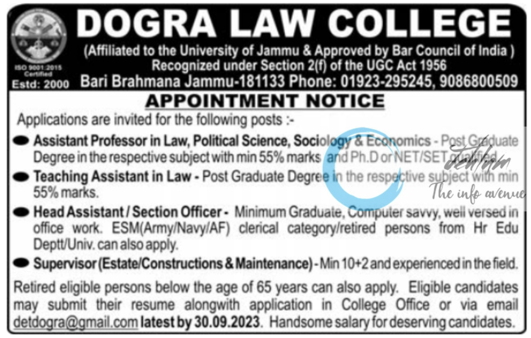 DOGRA LAW COLLEGE APPOINTMENT NOTICE 2023