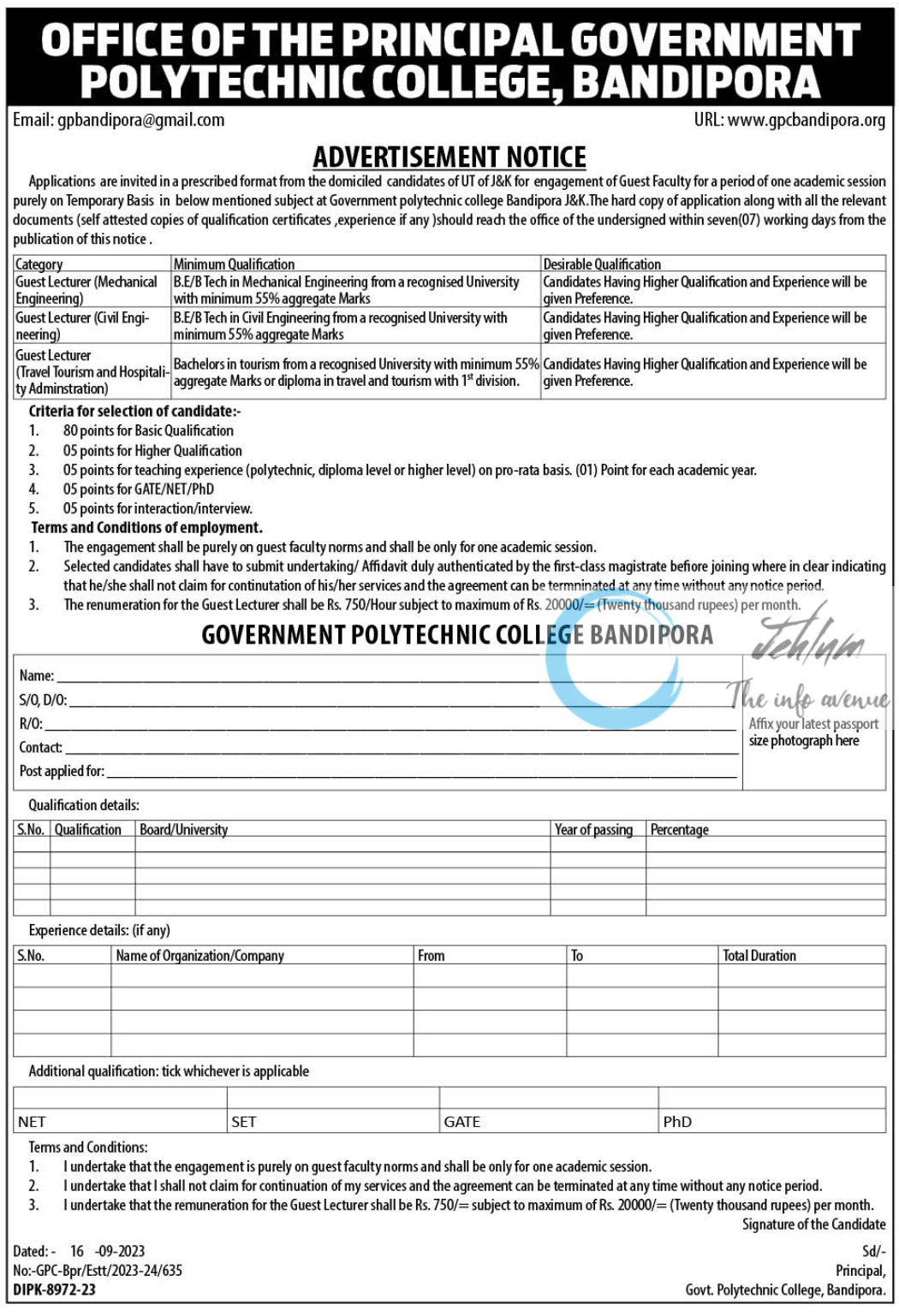 GOVT POLYTECHNIC COLLEGE BANDIPORA GUEST FACULTY ADVERTISEMENT NOTICE 2023