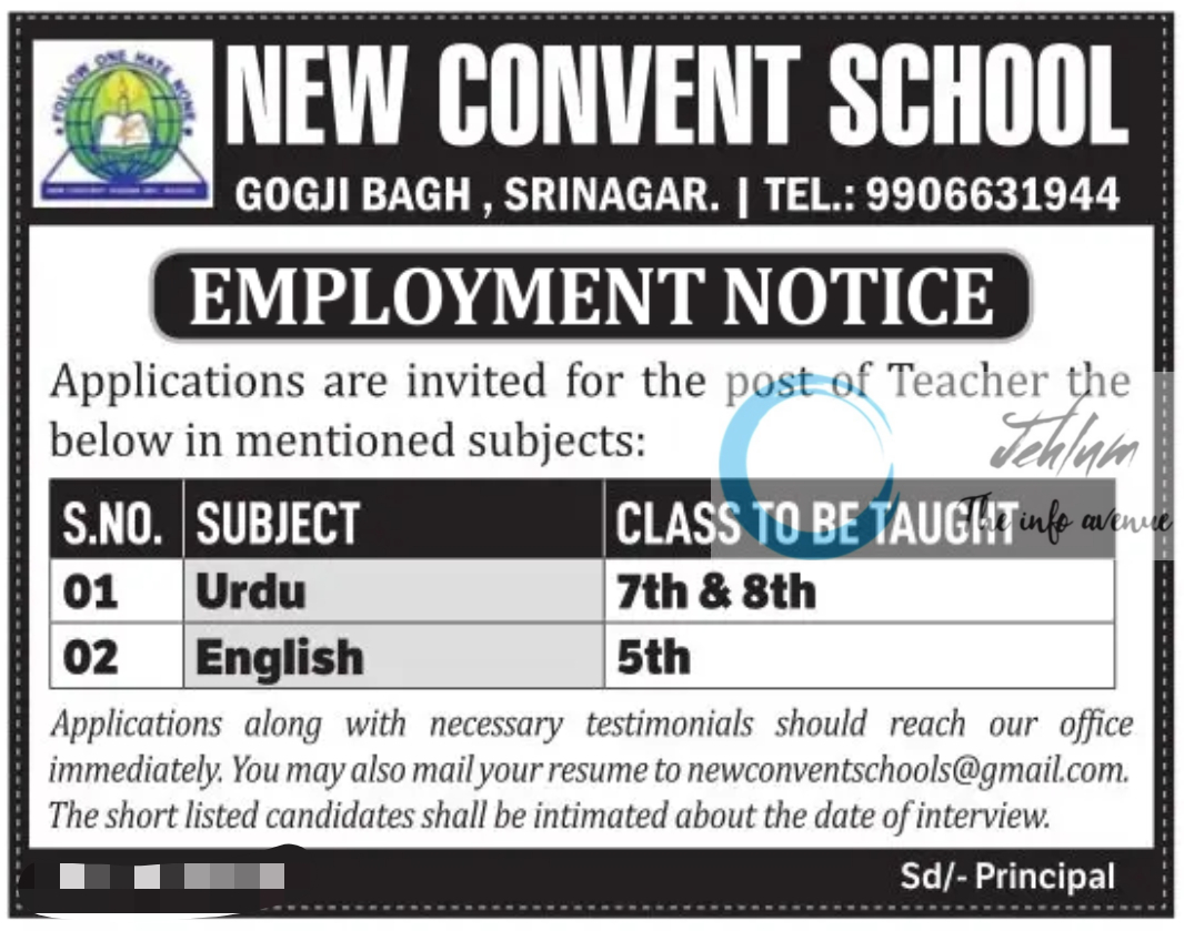 NEW CONVENT SCHOOL SRINAGAR EMPLOYMENT NOTICE 2023