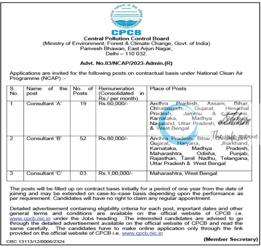 CPCB Central Pollution Control Board National Clean Air Programme NCAP Jobs Notification 2023