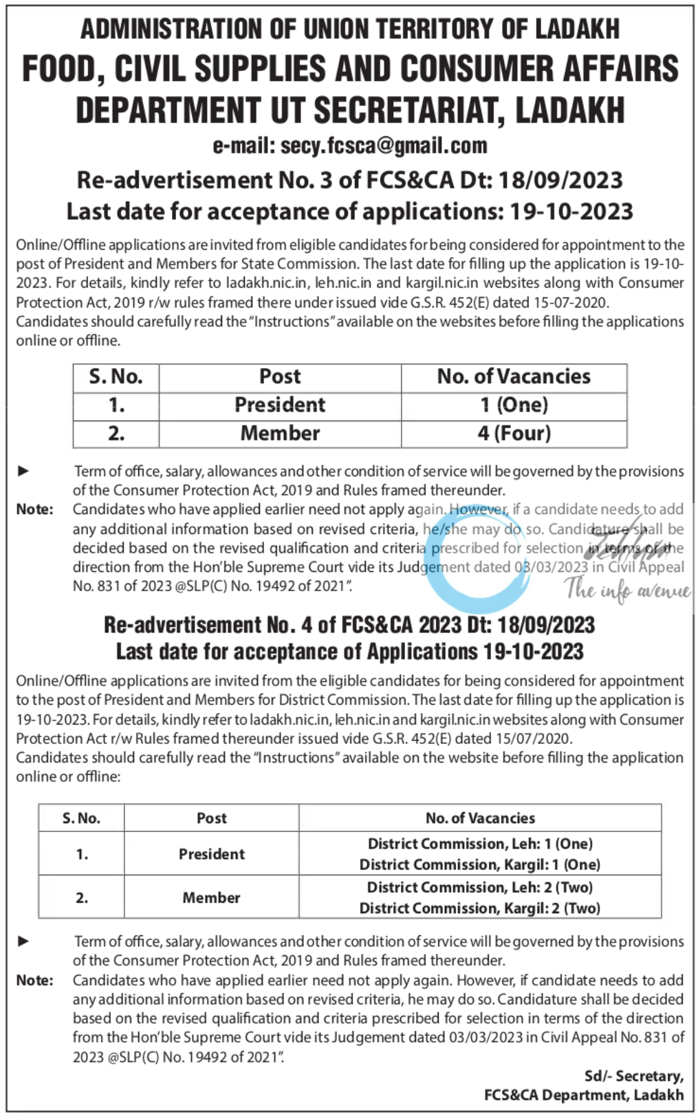 FOOD CIVIL SUPPLIES AND CONSUMER AFFAIRS LADAKH ADVERTISEMENT NOTIFICATION NO 03 OF 2023