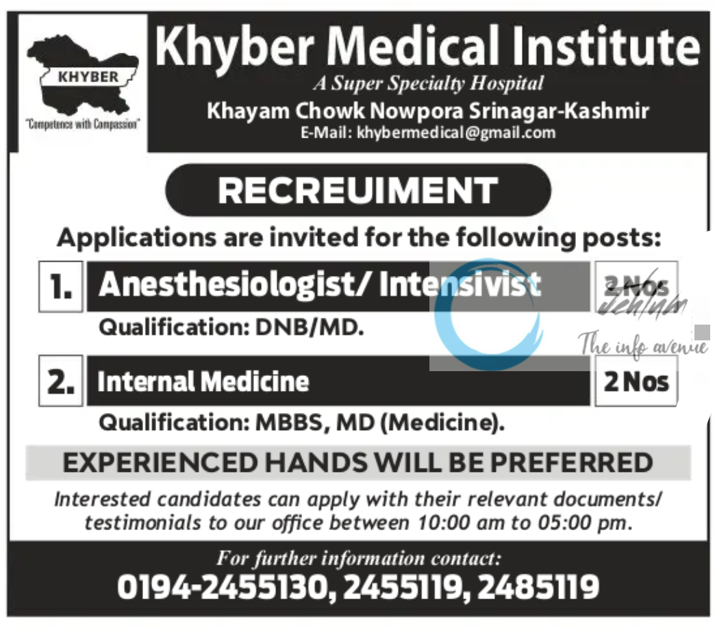 Khyber Medical Institute Srinagar Jobs Advertisement 2023
