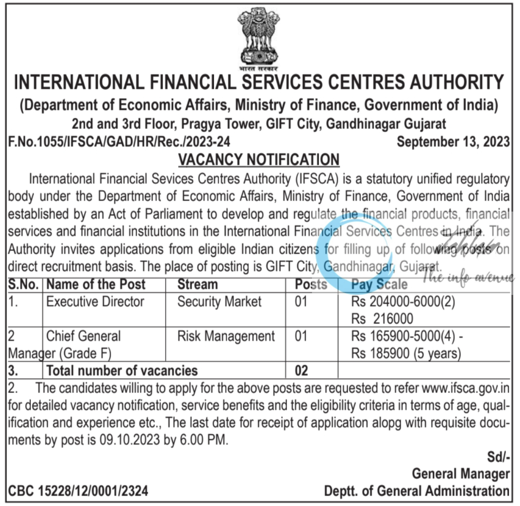 INTERNATIONAL FINANCIAL SERVICES CENTRES AUTHORITY VACANCY NOTIFICATION 2023