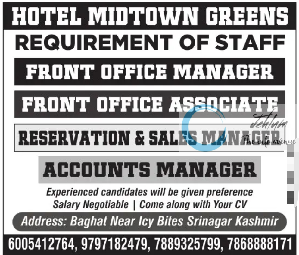 HOTEL MIDTOWN GREENS SRINAGAR JOBS 2023