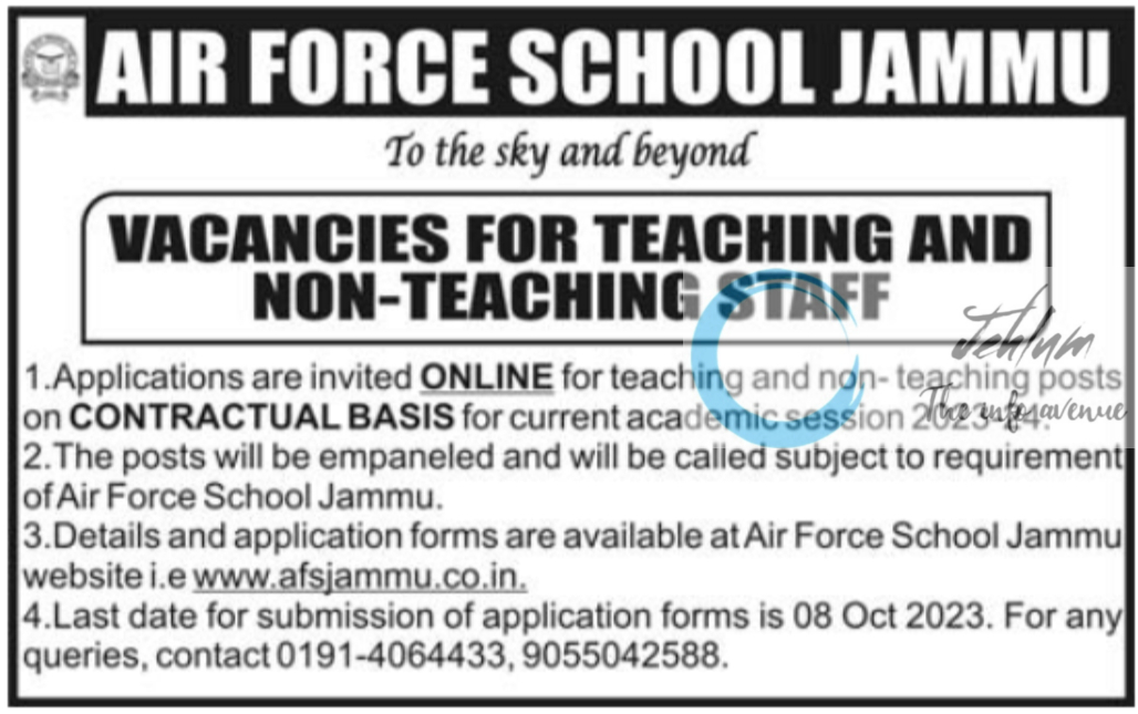 AIR FORCE SCHOOL JAMMU JOBS ADVERTISEMENT 2023