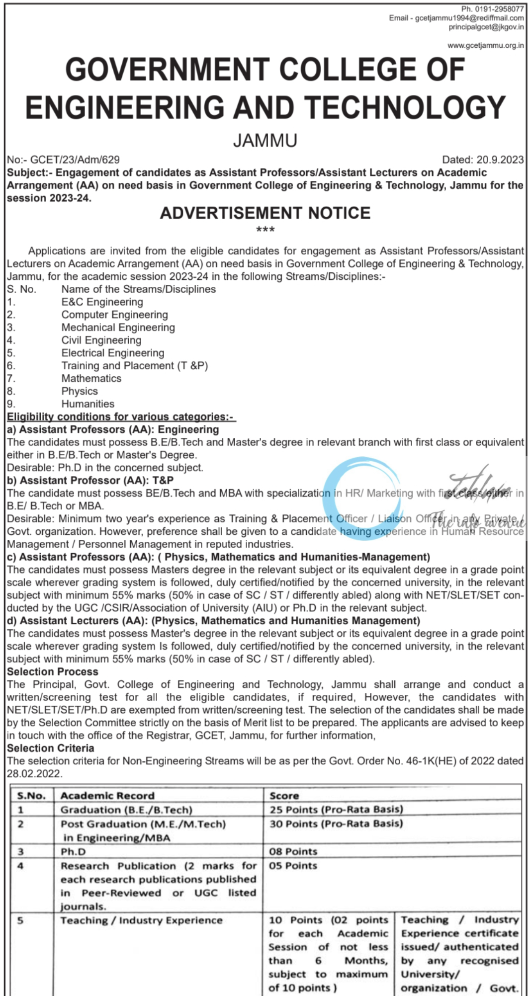 GCET JAMMU ACADEMIC ARRANGEMENT JOBS ADVERTISEMENT NOTICE 2023