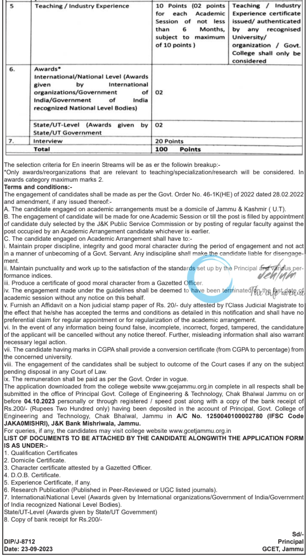 GCET JAMMU ACADEMIC ARRANGEMENT JOBS ADVERTISEMENT NOTICE 2023