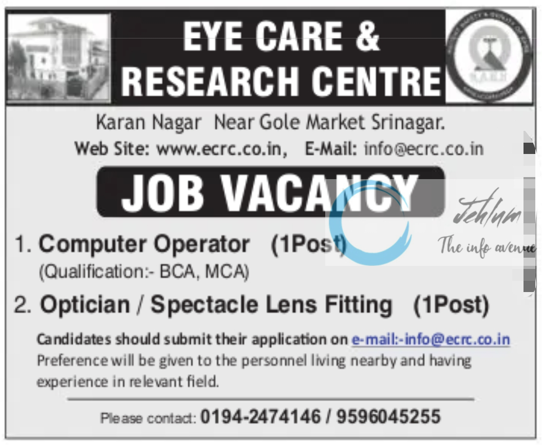 EYE CARE & RESEARCH CENTRE SRINAGAR JOBS 2023