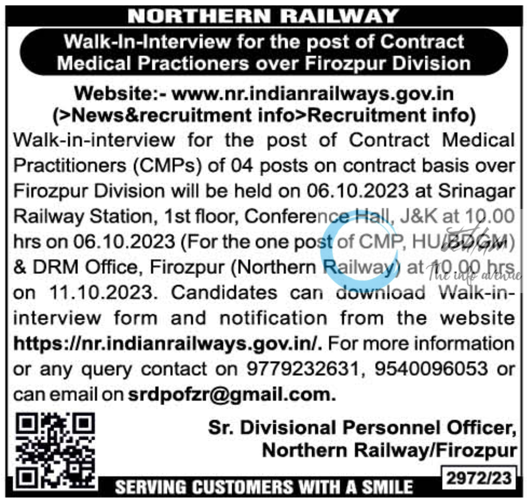 NORTHERN RAILWAY INDIA Medical Practitioners Walk-In-Interview 2023