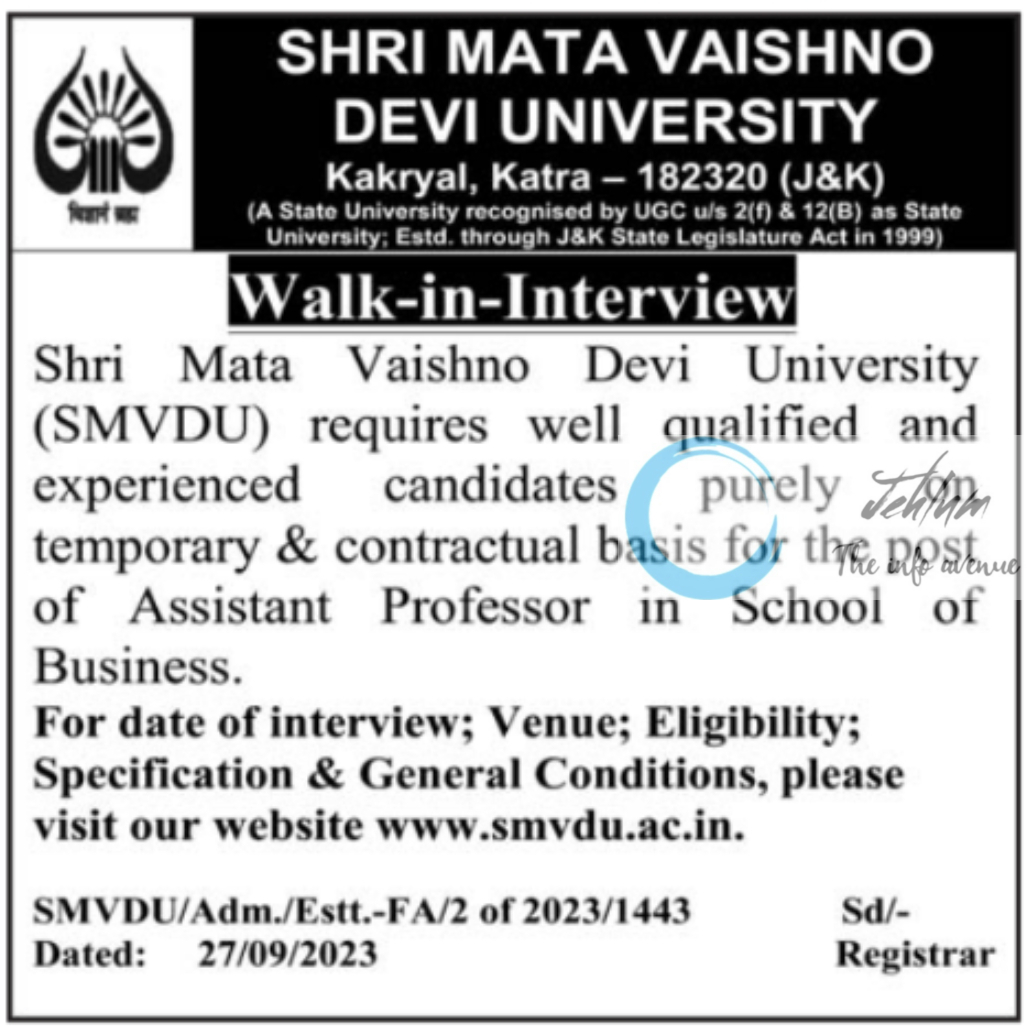 SMVDU School of Business Jobs Notification 2023