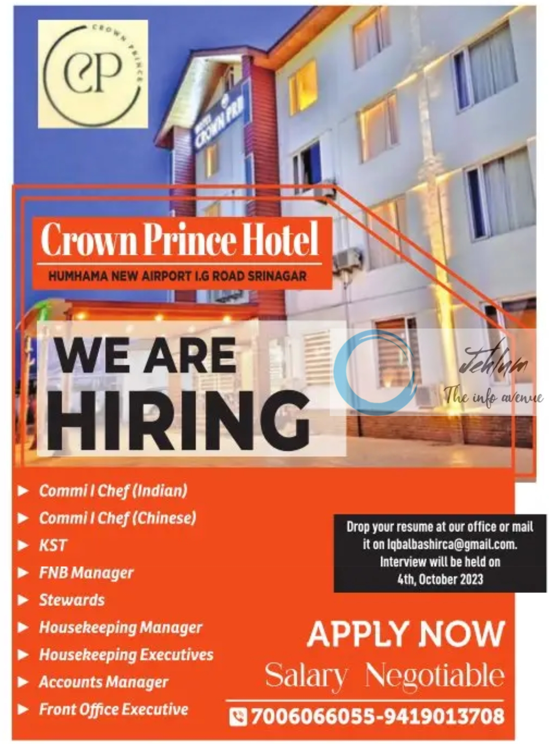 Crown Prince Hotel Srinagar Jobs Vacancy 2023