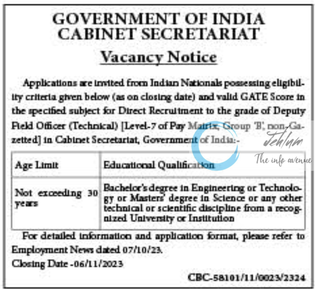 Govt Of India Cabinet Secretariat Deputy Field Officer Recruitment Notification 2023