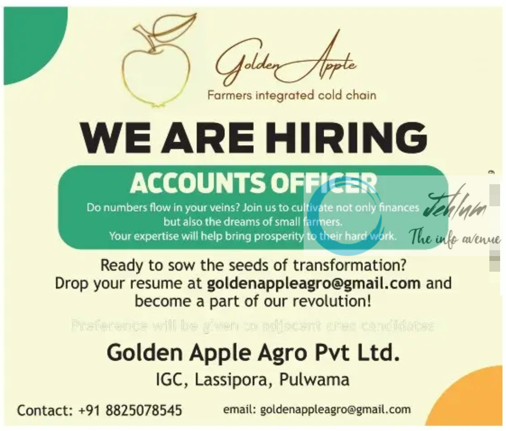 Golden Apple Agro Pvt Ltd Pulwama Accountancy Jobs 2023