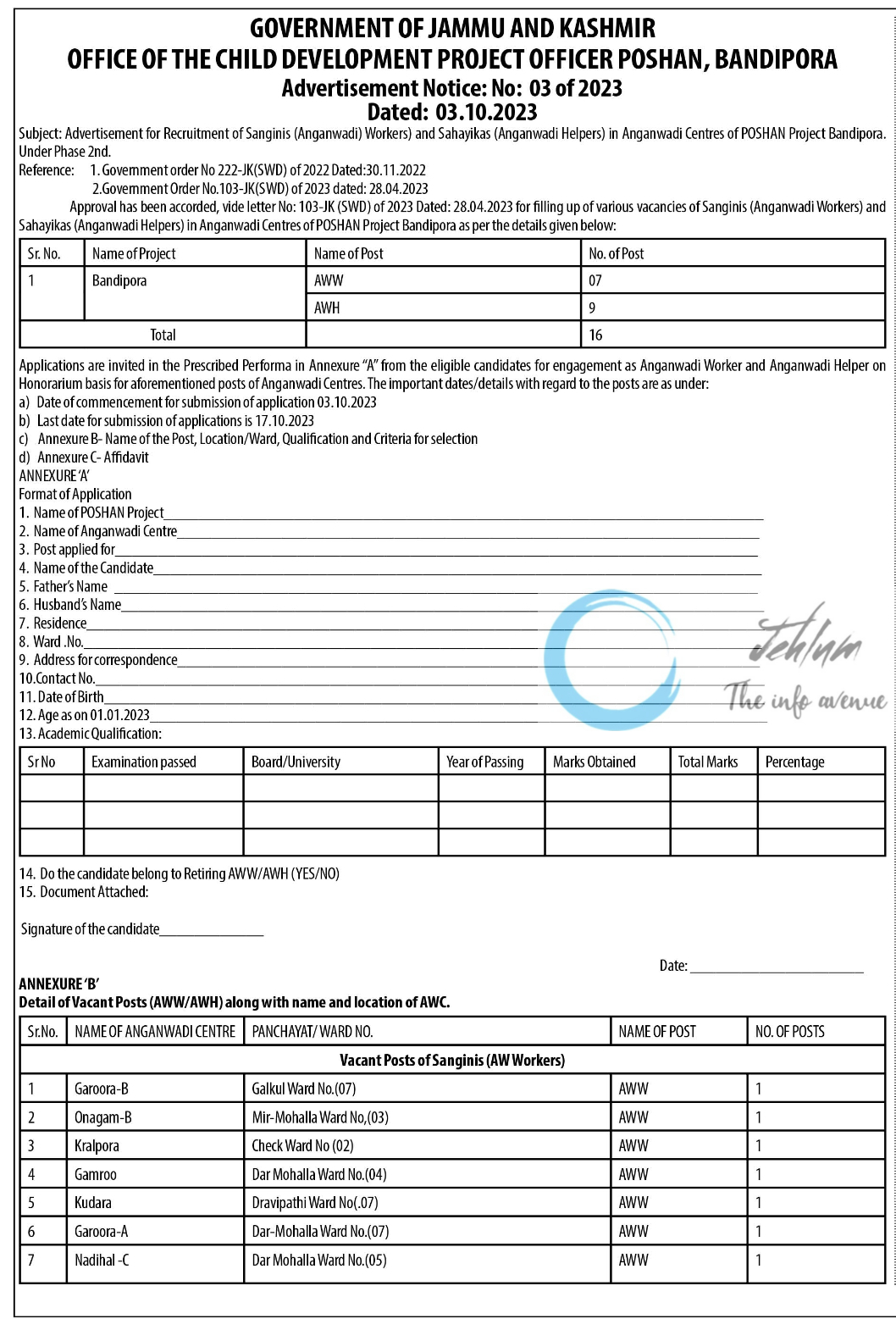 CHILD DEVELOPMENT PROJECT OFFICER POSHAN BANDIPORA ADVERTISEMENT NOTICE NO 03 OF 2023