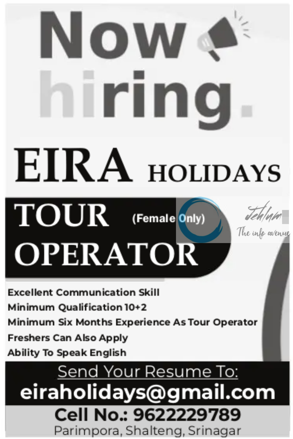 EIRA HOLIDAYS SRINAGAR TOUR OPERATOR JOBS 2023