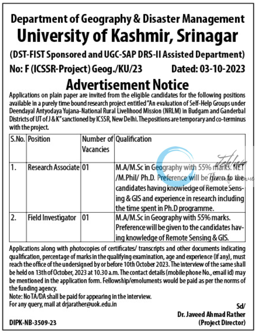 University of Kashmir Department of Geography & Disaster Management Advertisement Notice 2023
