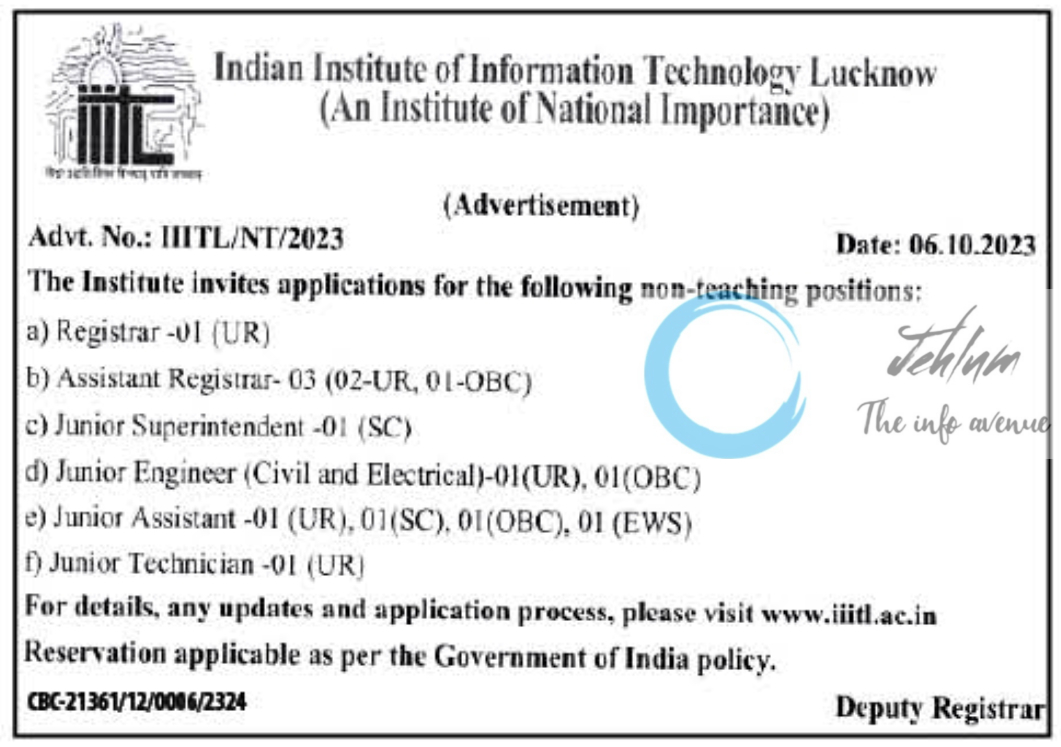 IIIT Lucknow Jobs Advertisement Notice 2023