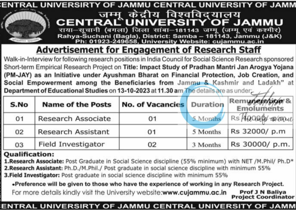 CENTRAL UNIVERSITY OF JAMMU RESEARCH STAFF WALK-IN-INTERVIEW NOTIFICATION 2023