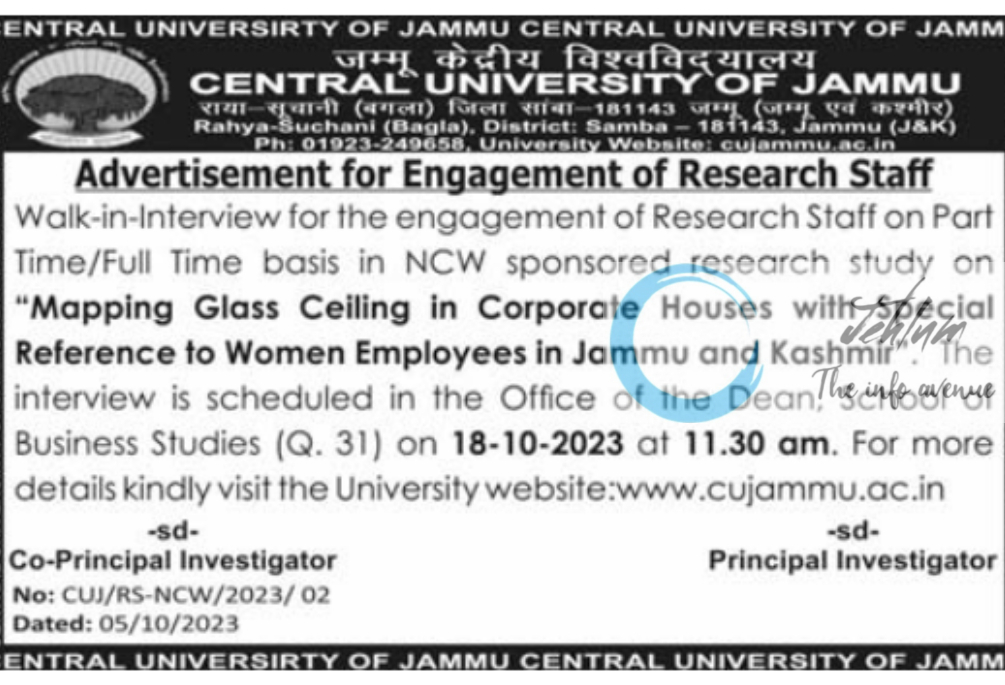 CENTRAL UNIVERSITY OF JAMMU ADVERTISEMENT FOR ENGAGEMENT OF RESEARCH STAFF 2023