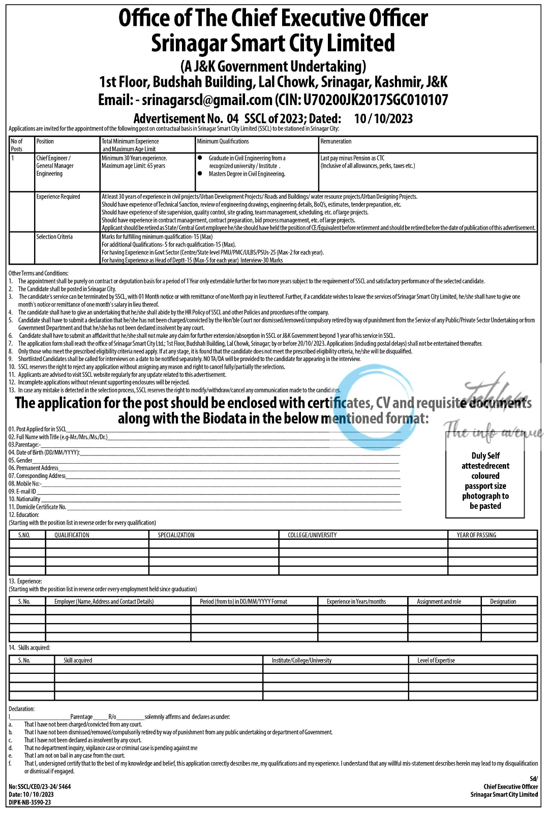 Srinagar Smart City Limited Chief Engineer Job Advertisement No 04 SSCL of 2023 