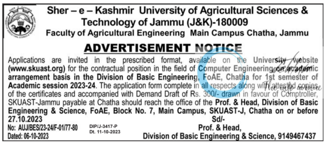 SKUAST Jammu Faculty of Agricultural Engineering Advertisement Notice 2023