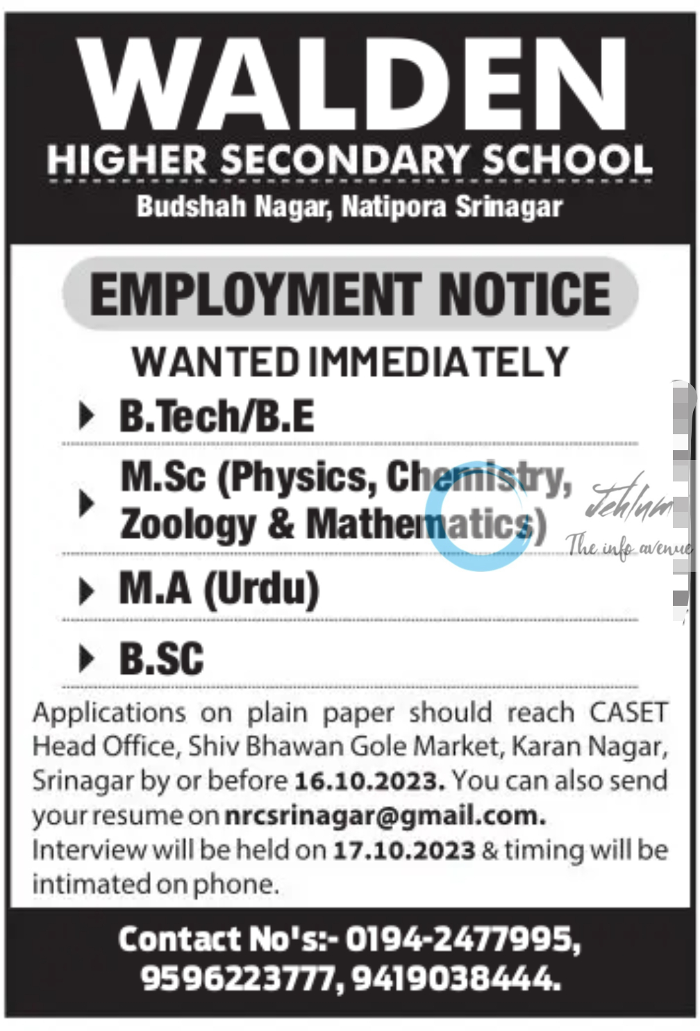 WALDEN HR SEC SCHOOL SRINAGAR JOBS VACANCIES 2023