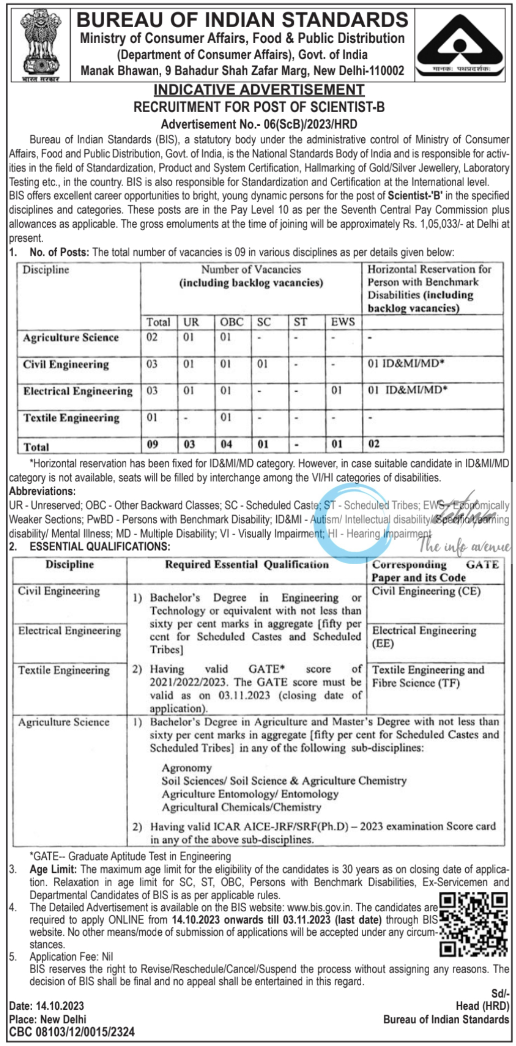 BUREAU OF INDIAN STANDARDS BIS ADVERTISEMENT RECRUITMENT NO 06 OF 2023 FOR POST OF SCIENTIST-B