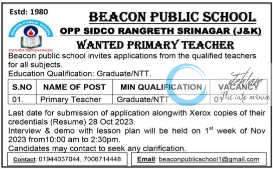 BEACON PUBLIC SCHOOL SRINAGAR JOBS 2023