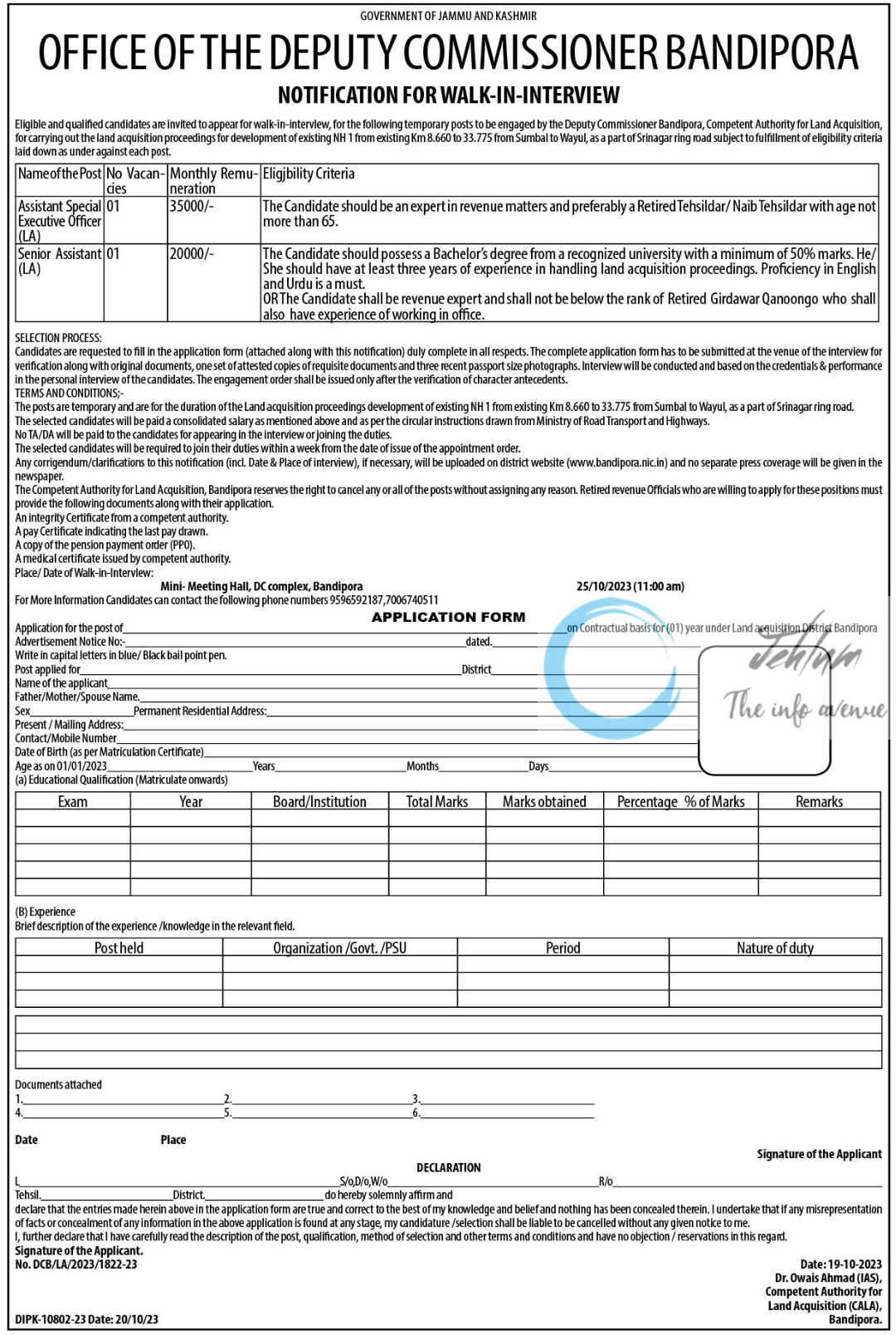 OFFICE OF THE DEPUTY COMMISSIONER BANDIPORA ADVERTISEMENT NOTIFICATION FOR WALK-IN-INTERVIEW 2023