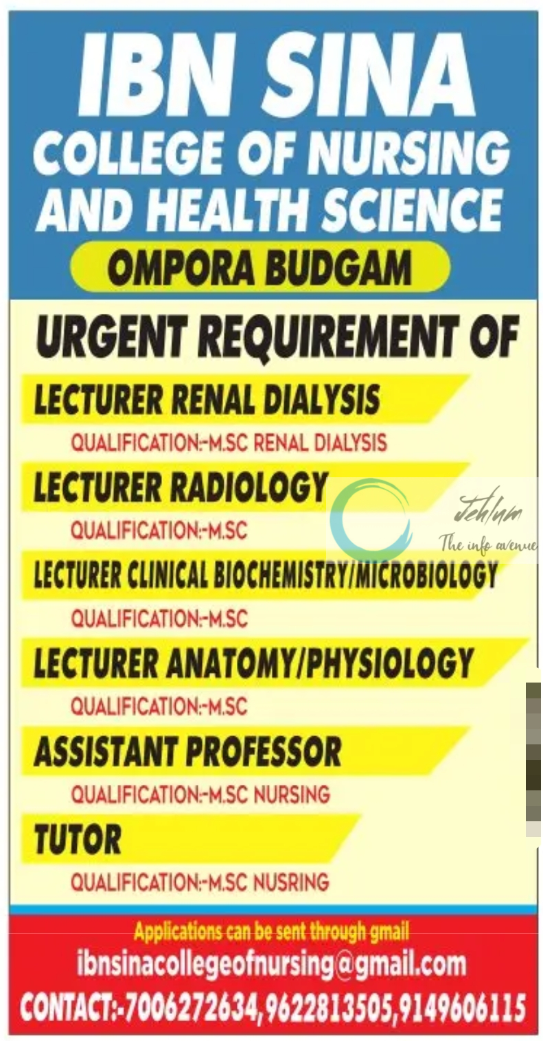 IBN SINA COLLEGE OF NURSING AND HEALTH SCIENCE BUDGAM JOBS 2023