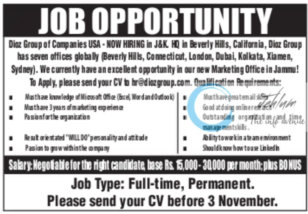 Dioz Group of Companies Jammu Jobs Vacancy 2023