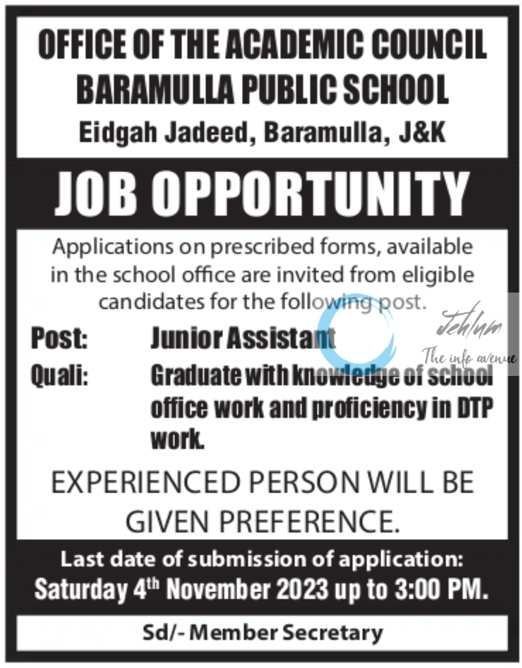 Baramulla Public School Junior Assistant Job Opportunity 2023
