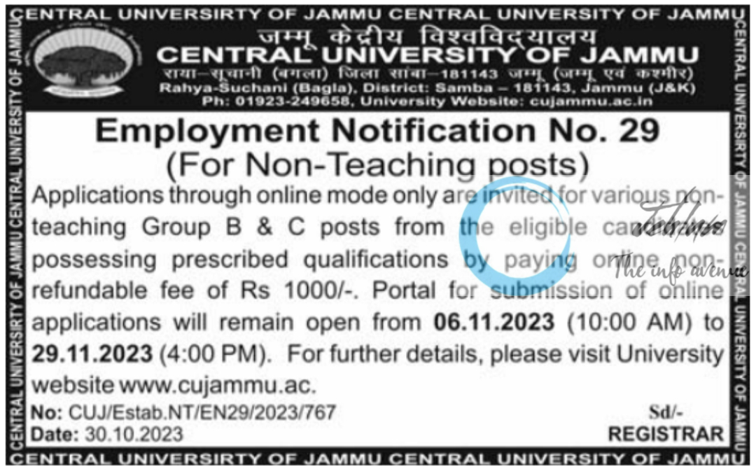 Central University Of Jammu Non-Teaching Employment Notification No 29 Of 2023