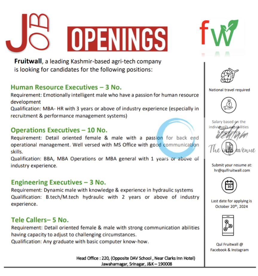 Fruitwall Srinagar Jobs Vacancies 2023