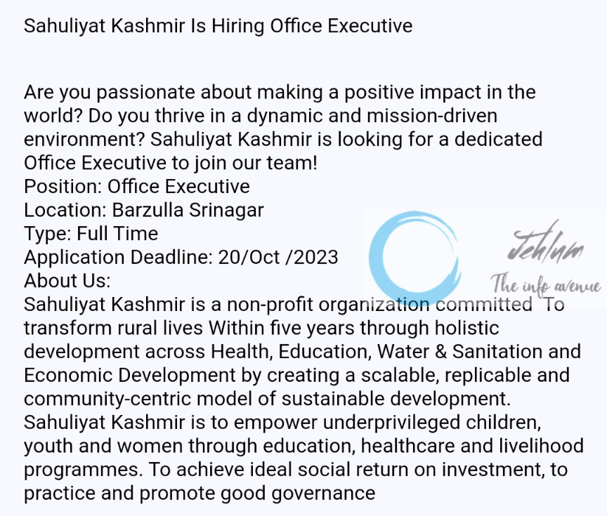 Sahuliyat Kashmir Hiring Office Executive 2023